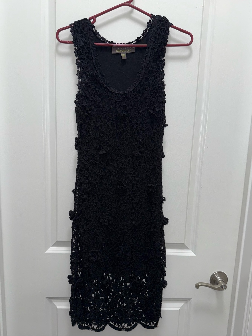 Charlotte Tarantola Black Floral Crochet Lace Sheath Dress Small Sleeveless Mini